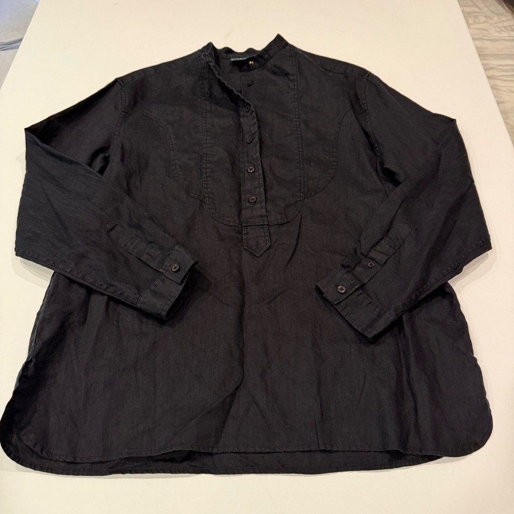 Lauren Ralph Lauren Black 100% Linen Band Collar Bib Front Tunic Top Womens 14